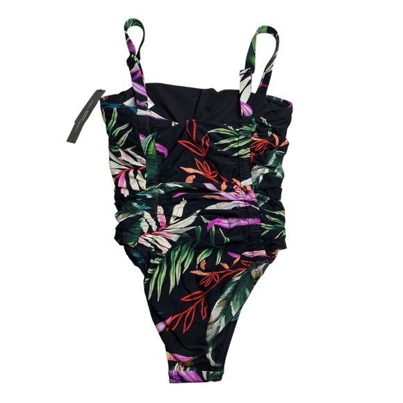 Carmen Marc Valvo Ruched One Piece Swimsuit Organic Bloom Black Floral 4 New - Picture 6 of 7